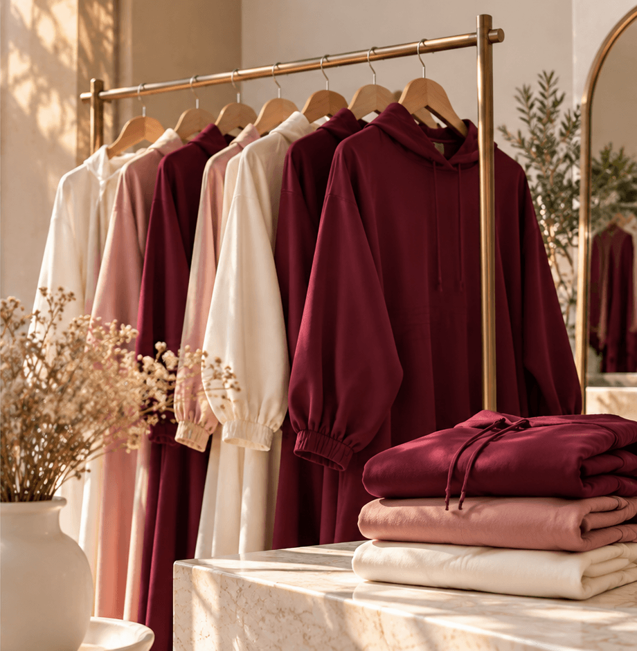 Collection Amoon : vêtements bordeaux, ivoire et blush sur un portant — La collection